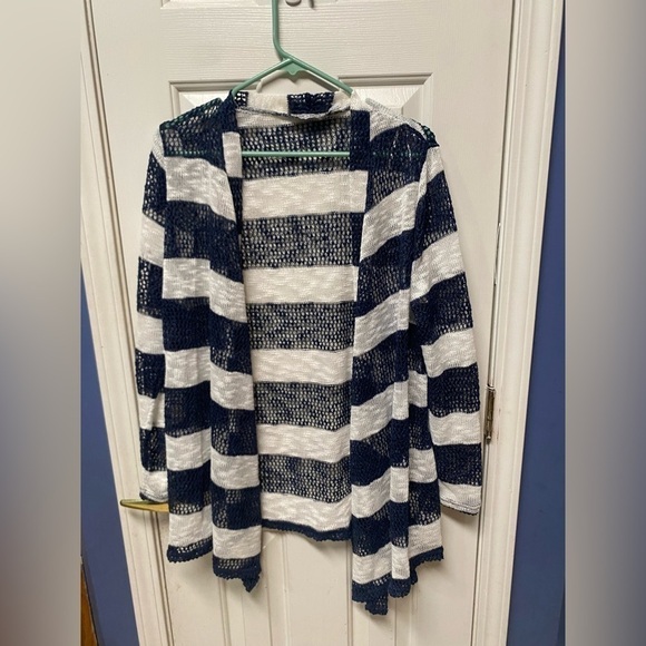RETRO THREADS navy blue white stripes long sleeve knitted cardigan size L - Picture 1 of 3